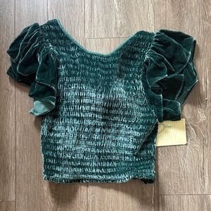Trovata Forest Green Velvet cerise Smocked Crop Top with Ruffle Sleeves